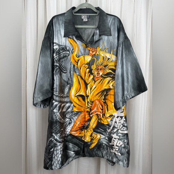 Vintage 90s Dragon Samurai Shirt 4XL Trust Korea Graphic Button Up Polyester